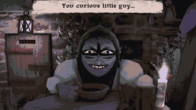 A creepy guy leans over a table and comments on the player's curiosity.