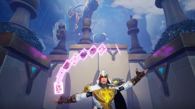 Gambit using powers on cards in front of massive chess pieces in marvel rivals