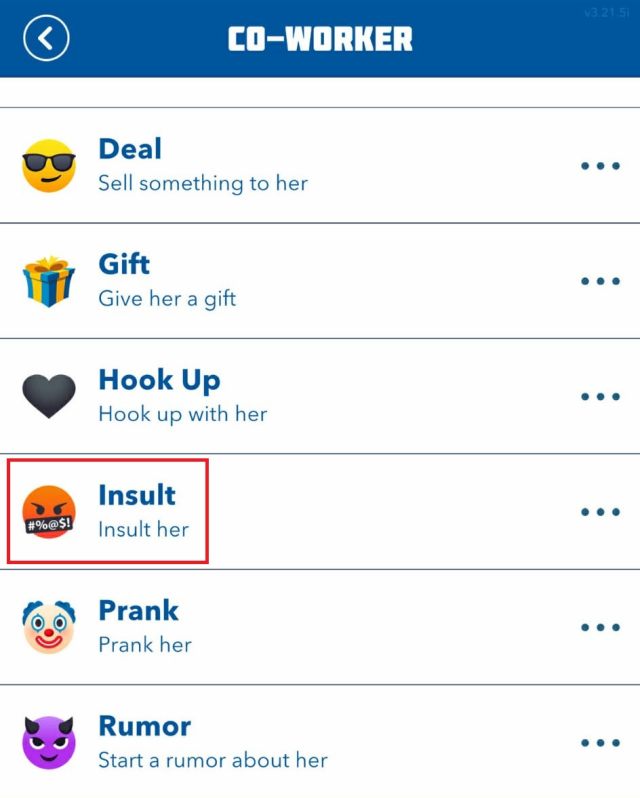 insult co worker option marked in bitlife