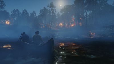 Red Dead Redemption 2 key art featuring two men paddling a boat through a swamp at night.