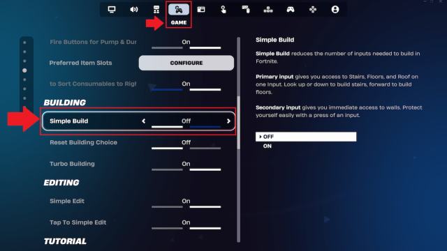 Turning off simple build in fortnite
